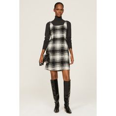 Black plaid (80% Wool, 20% Polyamide). Sheath. Sleeveless. Square neck. Back zipper closure. 33.5" from shoulder to hemline. Imported. Winter Workwear Houndstooth Tweed Dress, Tweed Jumper Dress, Chic Sleeveless Houndstooth Plaid Dress, Plaid Shift Dress, Plaid Jumper Dress, Black Jumper Dress, Notes Style, Geo Print, Favorite Sweater