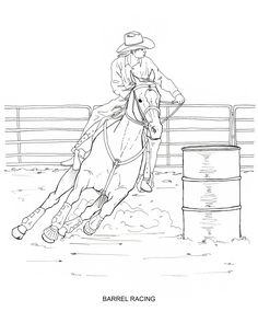 a drawing of a man riding on the back of a horse in an arena with barrels