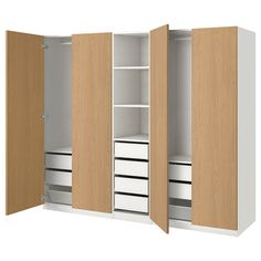 an open closet with two doors and three drawers on the bottom, one door is closed