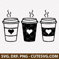 three coffee cups with hearts on them and the words svg dxf png cut