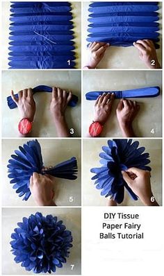 instructions to make an origami flower with blue and red paper flowers on it