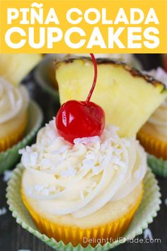 pina colada cupcakes with white frosting and a cherry on top