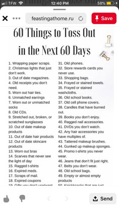 an iphone screen with the text 60 things to toss out in the next 60 days