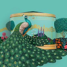 a painting of a peacock sitting on top of a green tin with flowers and trees in the background