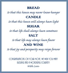 a poem written in blue and white with the words bread, candle, sugar, salt and wine