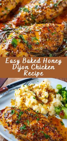 baked honey diy chicken recipe on a plate with broccoli and mashed potatoes