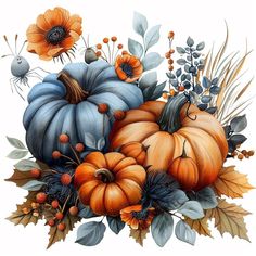 a painting of pumpkins and leaves on a white background with blue, orange and yellow flowers