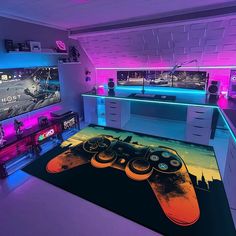 a gaming room with neon lights and video game controllers