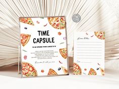 a postcard with pizza slices on it next to a notepad that says time capsule