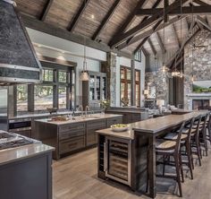 a large kitchen with an island and lots of counter space