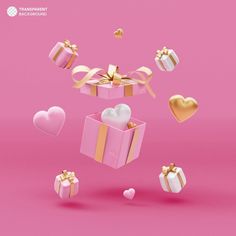 pink and gold gift boxes with hearts flying out of them, on a pink background