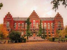 an old brick building with many windows and ivy growing on the front, surrounded by autumn foliage