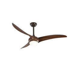 a ceiling fan that is brown and has two light bulbs on the top of it