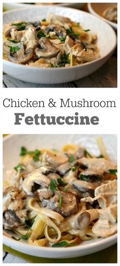 chicken and mushroom fettuccine in a white bowl