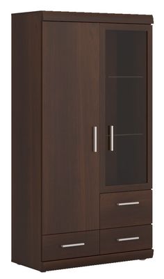 a wooden cabinet with glass doors and drawers