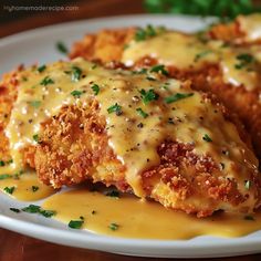 two pieces of chicken covered in gravy on a plate with parmesan cheese