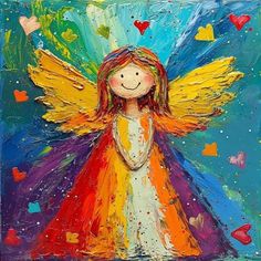 an angel painted on canvas with hearts around it