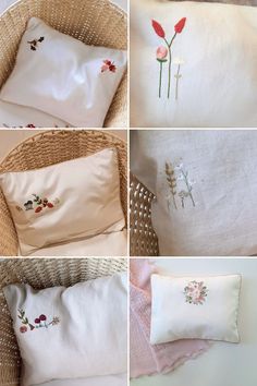 four different pictures of pillows with embroidered flowers on them