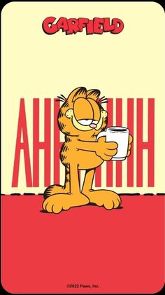 garfield holding a cup with the word garfield on it