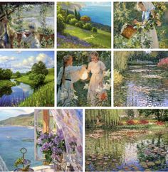 several paintings of water lilies and other things in the same painting, each with different scenes