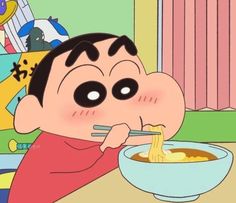 a cartoon character is eating noodles from a bowl