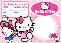 Convite de aniversário infantil Hello Kitty para preencher, baixe grátis convites para editar, colocar sua foto e imprimir da forma que desejar, convite virtual para convidar todos por WhatsApp. Foto Card, Hello Sanrio, Hello Kitty Aesthetic, Hello Kit, Hello Kitty Birthday, Cute Letters, Card Drawing, Hello Kitty Collection, Meme Template