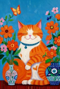 an orange and white cat sitting next to two vases with flowers in them on a blue background