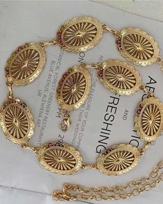 Details: Golden belt with round-shape decorations design Golden Chain Belt, Chunky Gold Belt, Gold Belt Jewellery, Gold Belt Chain, Gold Belt Outfit, Fun Belts, Aesthetic Belts, Belt Aesthetic, Cute Belts