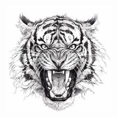 a drawing of a tiger's face with its mouth open