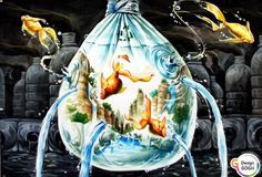 an artistic painting of goldfish in a bottle with water running out of it and bubbles coming from the bottom