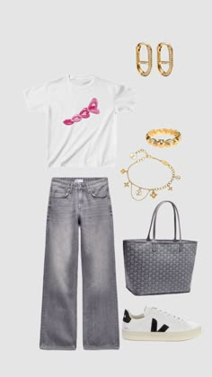 a white shirt and jeans outfit with accessories