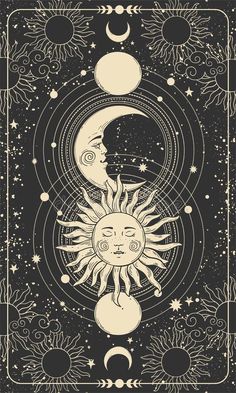 the sun and moon are depicted in this tarot card design by person, who has been