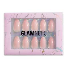 Cloud 9 has arrived to elevate your nail game. It is a medium-length, pointed almond nail shape with a jelly and UV finish on it. This nail has been designed for everyday wear and has a very classy and elegant look to it. Although a light pink, they are super versatile and look good on all skin tones. All Glamnetic Press-On Nails can be reused and reshaped for customization. They stay on for an average of 2 weeks if applied correctly (subjective to individual lifestyles). They are made of a high Glamnetic Nails, Pastel Blue Nails, Natural Nails Manicure, Milky Nails, Almond Shape, Coffin Nails Long, Pastel Nails, Nail Sizes, Nail Games