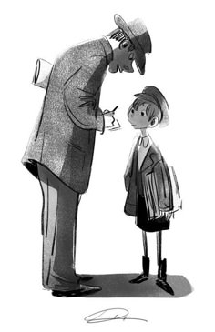 a drawing of a man standing next to a little boy with a hat on his head