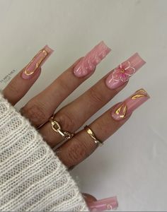 Gel Xl Nail Designs, Pink Bedazzled Nails, Cool Pink Nail Designs, Pink Capricorn Nails, Kali Uchis Nails Inspired, Nail Ideas Square Long, Square Pink Nail Designs, Pink Nail Inspo Square, Pink Themed Nails