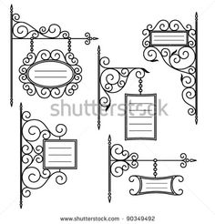 vintage wrought iron frames with blank signs and scrolled scrolls, set on white background