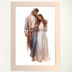 a painting of jesus and a woman in white