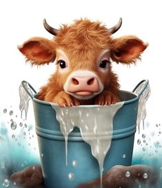 a baby cow sitting in a blue bucket with ice on it's head and water running down its face