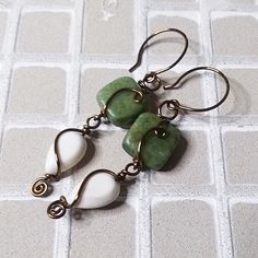 Handmade By Natureloversjewelry! This Is A Sophisticated Pair Of Dangle Earrings Created With Thick, Natural Stones. I Used Green Jasper Stone Squares And Off White, Tear Shaped Fossil Stones For This Pair + Wire Wrapped Bronze Jewelry Wire [Non/Low Tarnishing]. These Earrings May Not Be For You, If You Have Problems With Heavier Earrings, Or Very Fine Piercings As The Ear Wires Are Also Handcrafted And A Bit Thicker. If You Prefer, I Can Swap Them To Normal, Thickness Earwires - But They Will L Washing Your Hair, Heavy Earrings, Goddess Jewelry, Green Jasper, Jasper Earrings, Bronze Jewelry, Handmade Wire Wrapped, Jewelry Wire, Homemade Jewelry