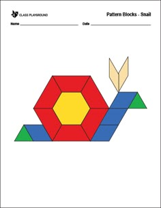 the pattern blocks snail is shown in red, yellow and blue with an arrow on it