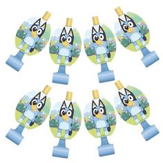 a set of six blue and yellow animal shaped bottle toppers with cartoon characters on them