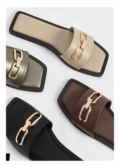 Chain-Link Strap Slides - Julia Avril Fancy Slippers, Charles And Keith Shoes, Brown Slides, Padded Sandals, Brown Sandals Heels, Fancy Flats, Ladies Slippers, Woman Sandals