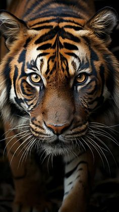 a close up of a tiger's face on a dark background with only one eye visible