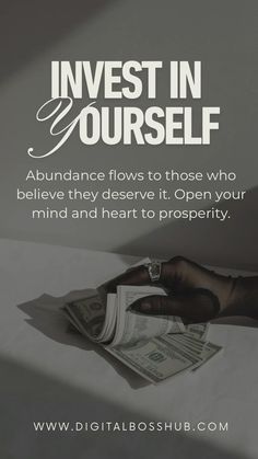 a person holding money in their hand with the words invest in yourself above them and below it