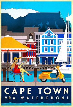 a vintage style travel poster for cape town, va waterfront with a woman sitting on a bench