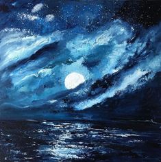 an acrylic painting of the night sky and water