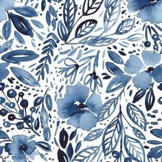 blue flowers and leaves on a white background