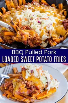 pulled pork loaded sweet potato fries in a cast iron skillet and topped with cheese