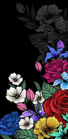 a bunch of different colored flowers on a black background