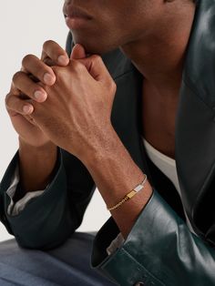 Finished with a sculptural fastening, Bottega Veneta's bracelet is made up of delicate links cast from contrasting gold vermeil and sterling silver. Wear it solo or as part of a chain stack. Men Accessories Photography, Mens Jewelry Editorial, Men Jewellery Photography, Man Jewelry Aesthetic, Mens Jewelry Photography, Mens Photos, Bracelet Photography, Male Bracelets, Men Hands